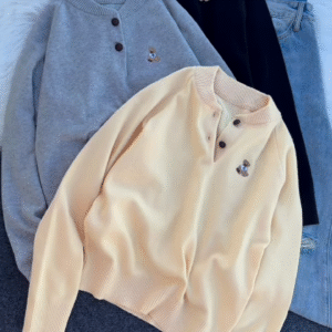 "Cuddly Charm: Multicolor Teddy Bear Embroidered Sweaters"