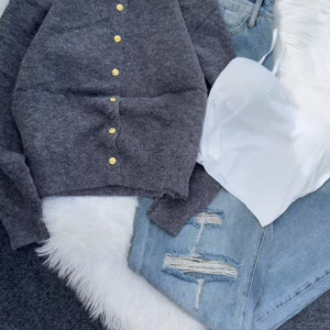 💙 Enfir Pop: Gold-Button Cardigan & Distressed Denim Set